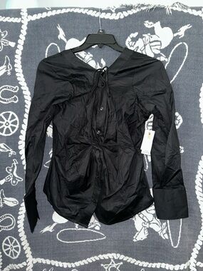 Good American Black Button-Front Long Sleeve Tie-Detail Shirt